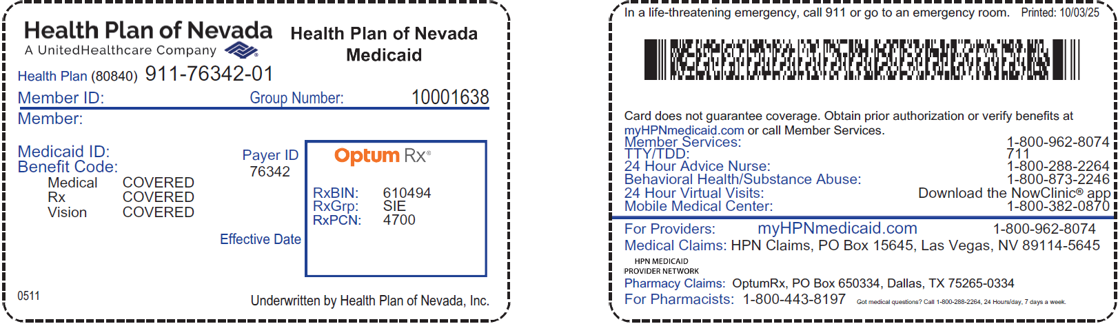 UnitedHealthcare Health Plan of Nevada Medicaid Health Plan ID card example